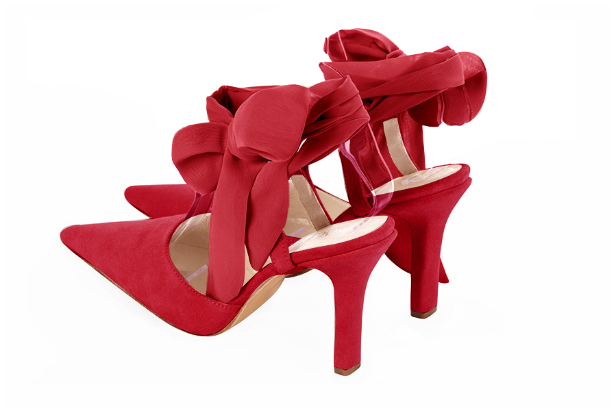 Cardinal red women's open back shoes, with an ankle scarf. Pointed toe. Very high slim heel. Rear view - Florence KOOIJMAN